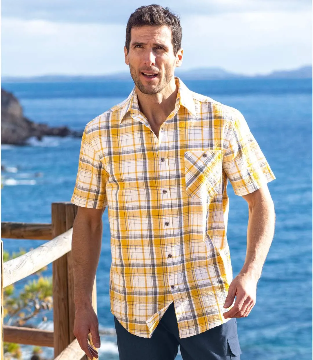 Men's Checked Waffle-Effect Shirt - Ecru Yellow Grey 