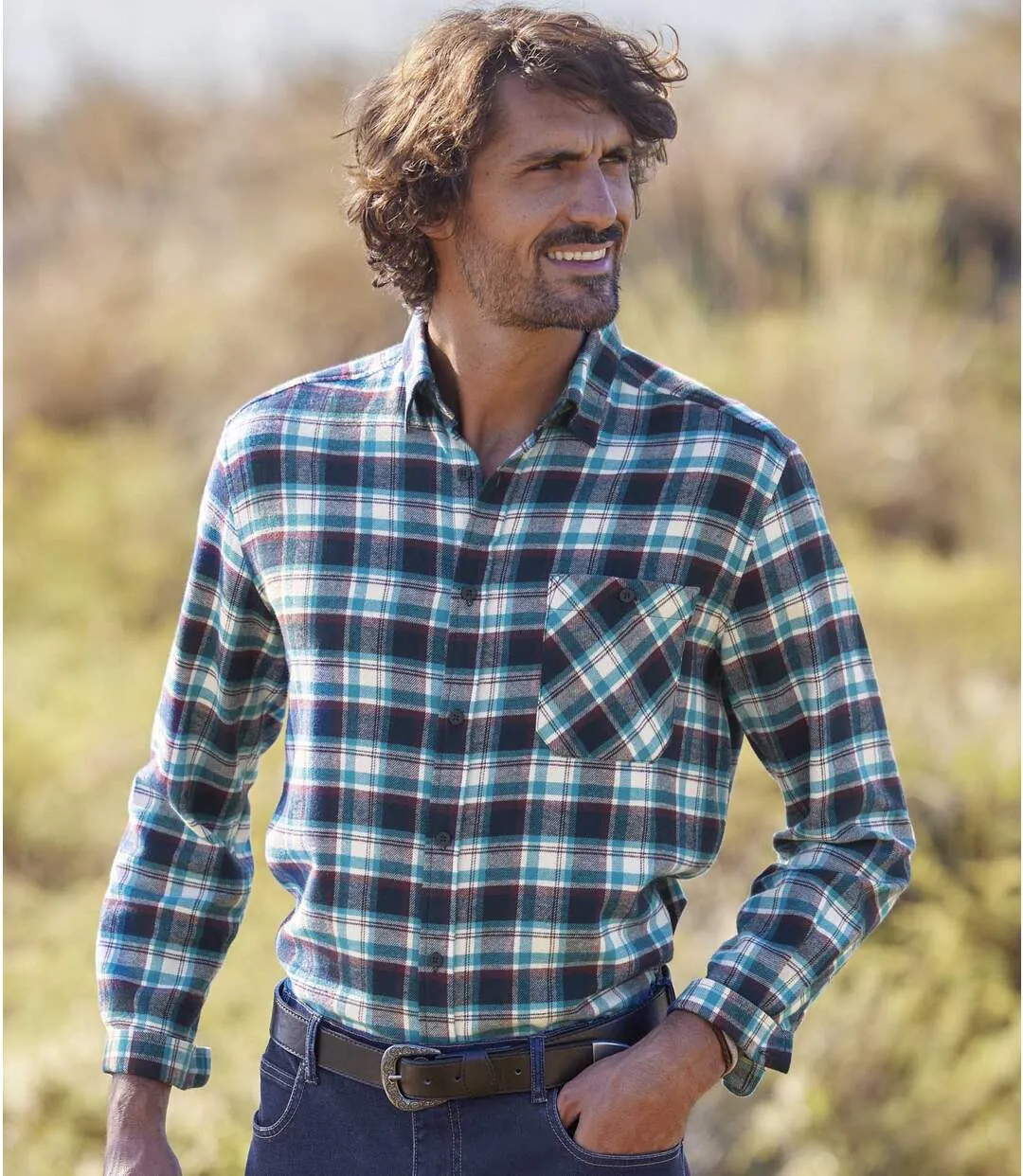 Men's Ecru Checked Flannel Shirt