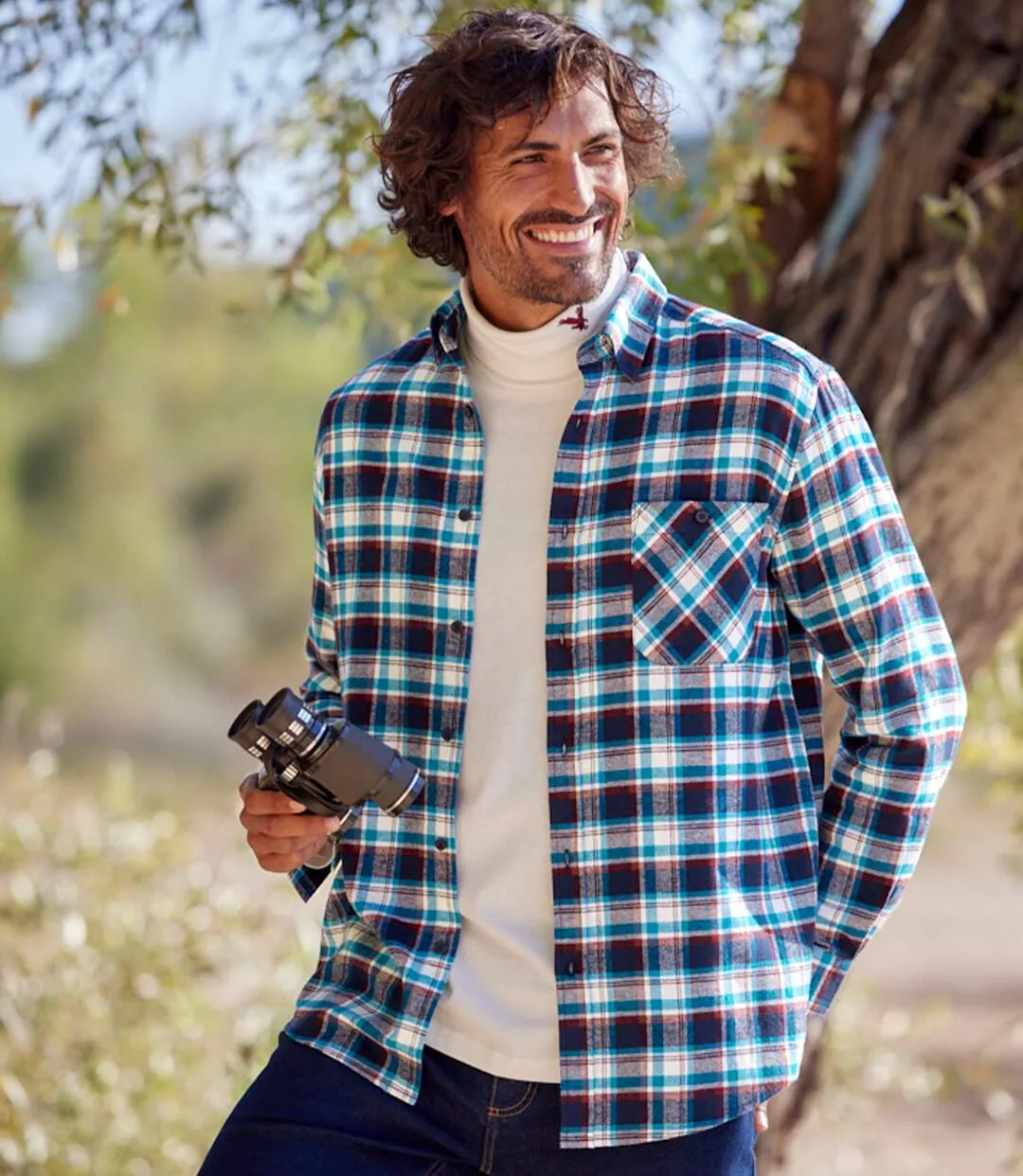 Men's Ecru Checked Flannel Shirt