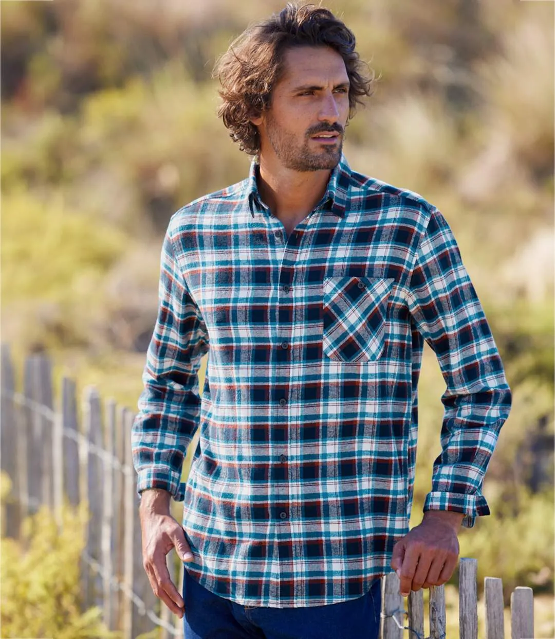 Men's Ecru Checked Flannel Shirt