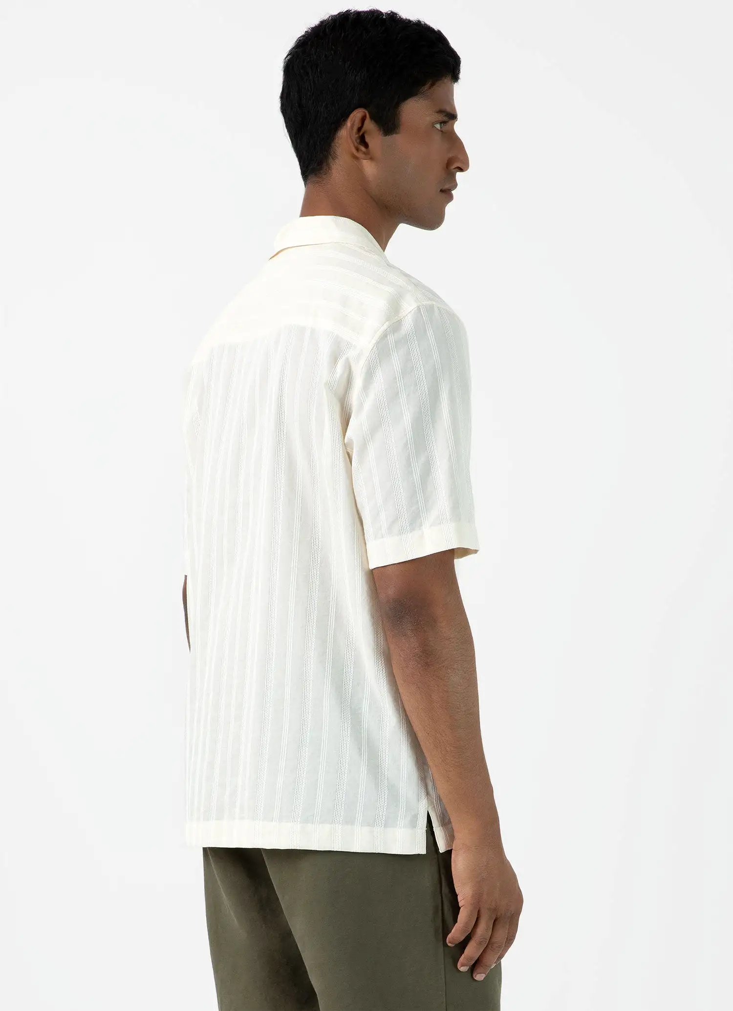 Men's Embroidered Stripe Camp Collar Shirt in Ecru