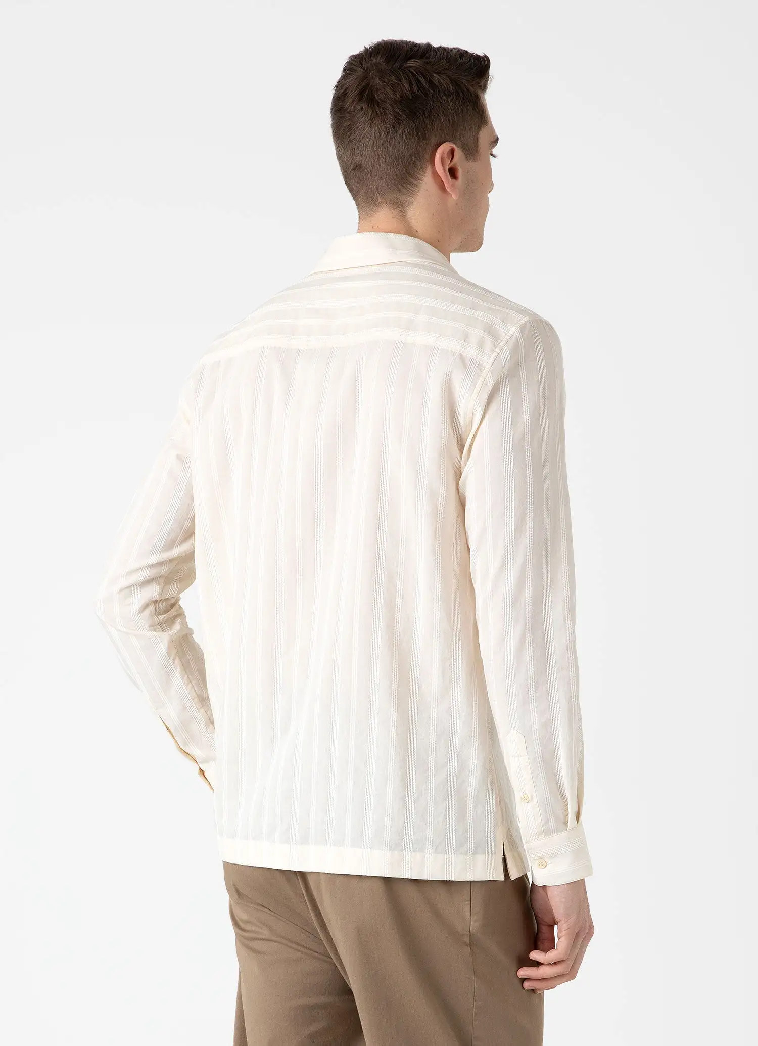 Men's Embroidered Stripe Long Sleeve Shirt in Ecru