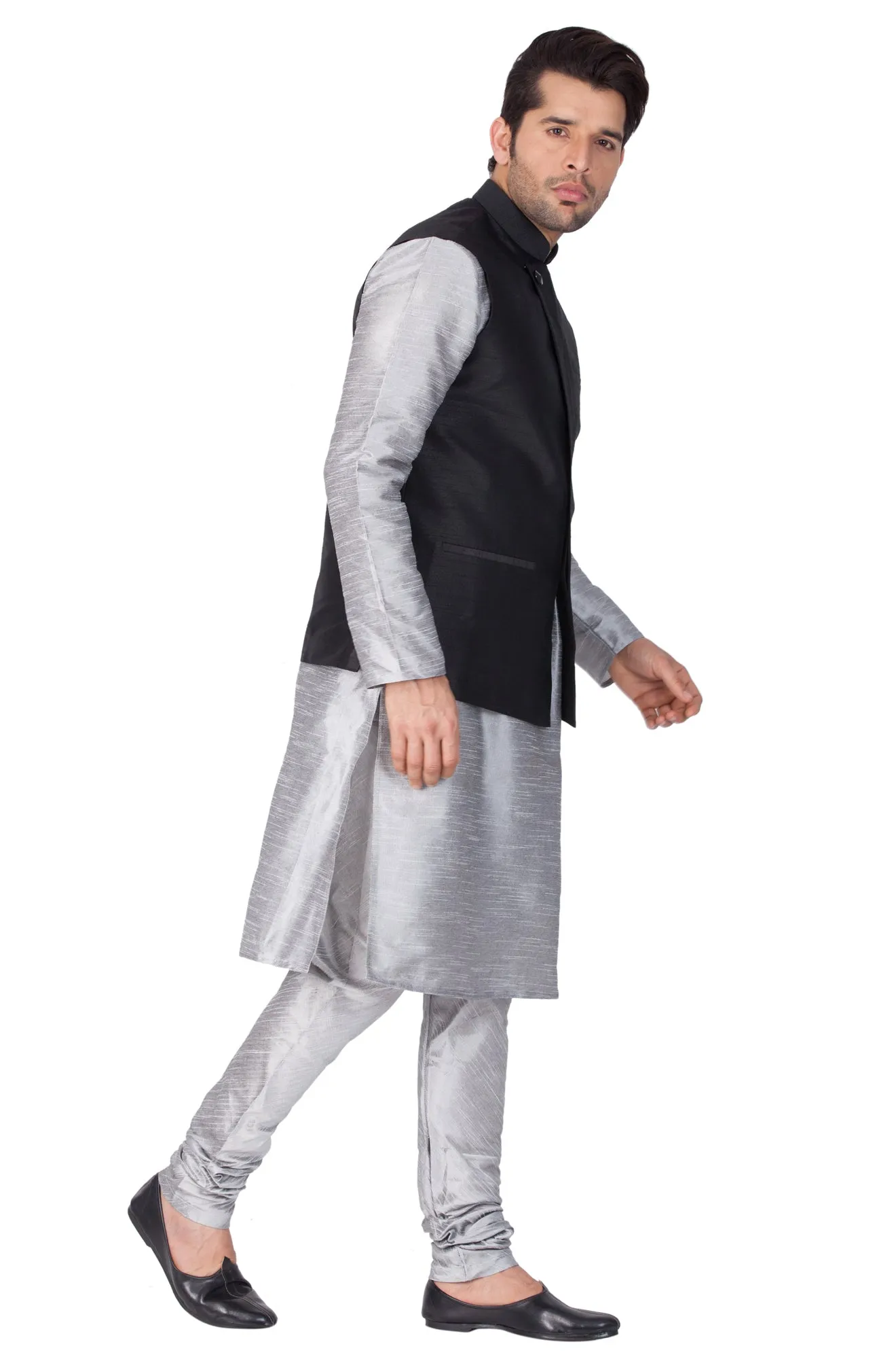 Men's Grey Cotton Silk Blend Kurta, Ethnic Jacket and Pyjama Set