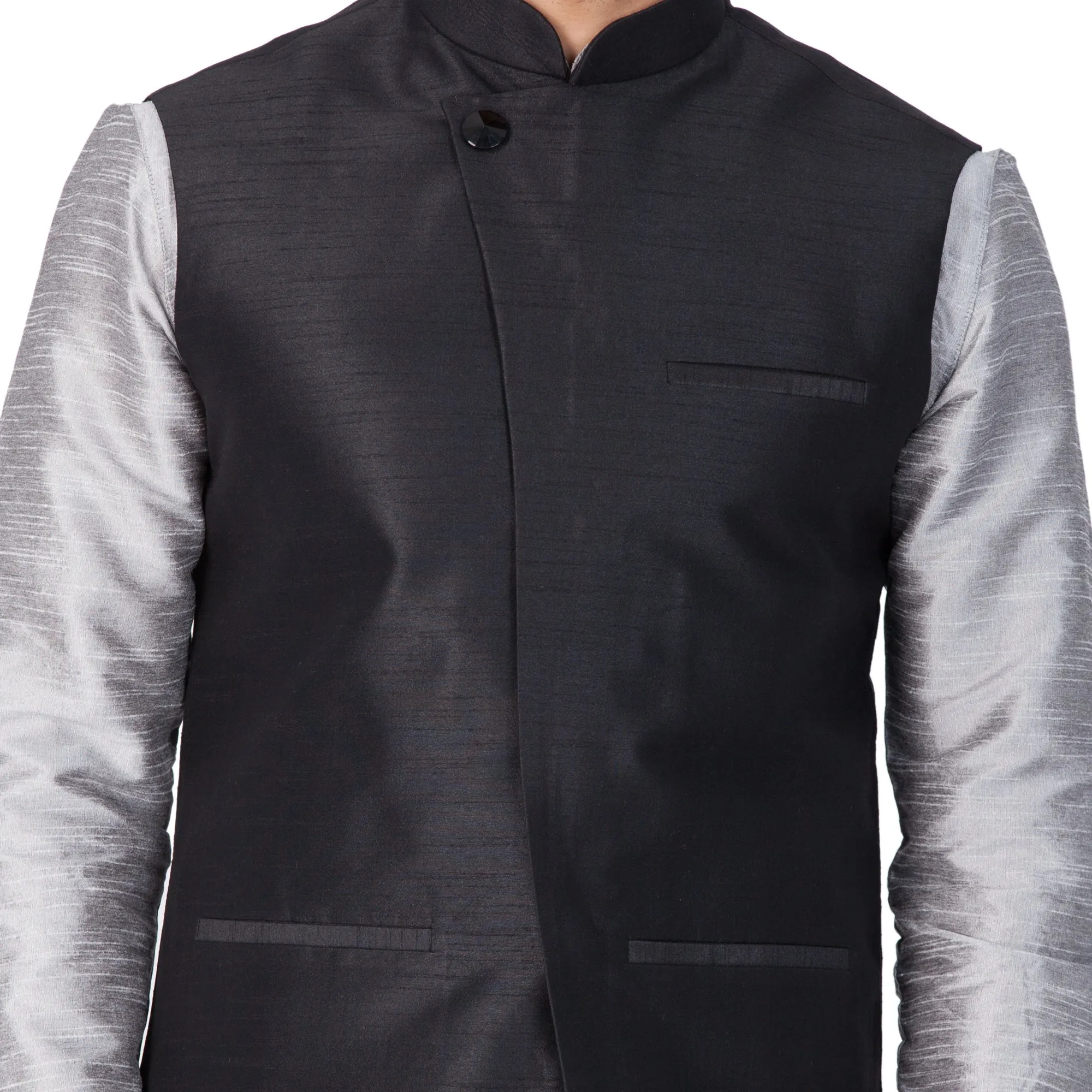 Men's Grey Cotton Silk Blend Kurta, Ethnic Jacket and Pyjama Set