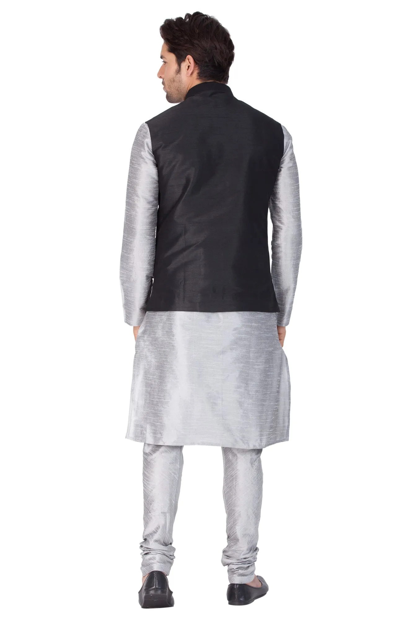 Men's Grey Cotton Silk Blend Kurta, Ethnic Jacket and Pyjama Set