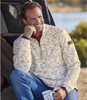  Men's Half Zip Mottled Jumper - Ecru 