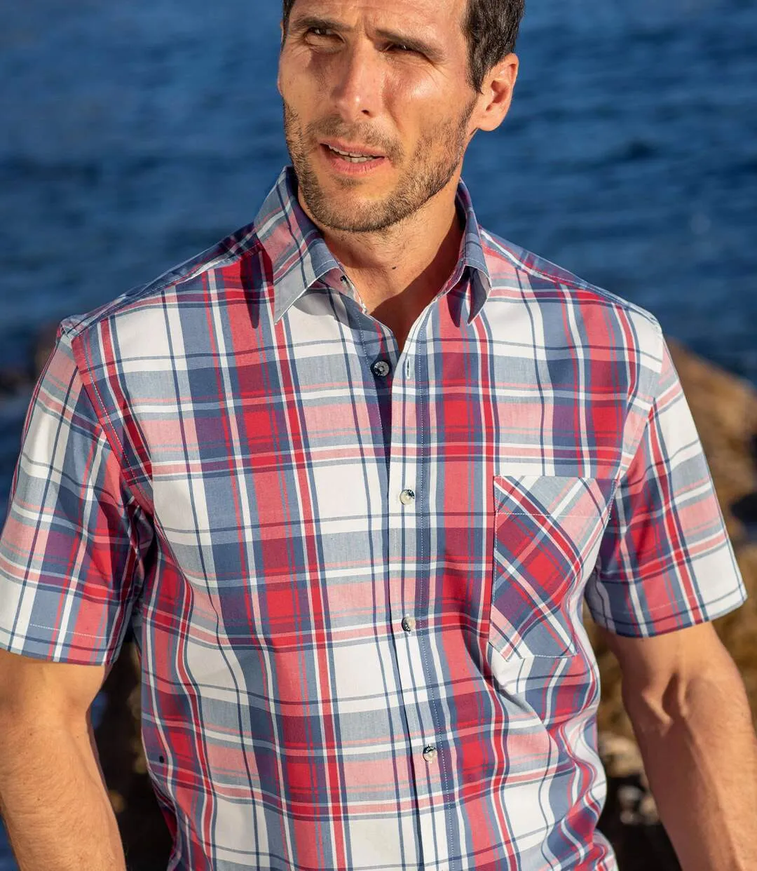 Men's Poplin Checked Shirt - Ecru Navy Red 