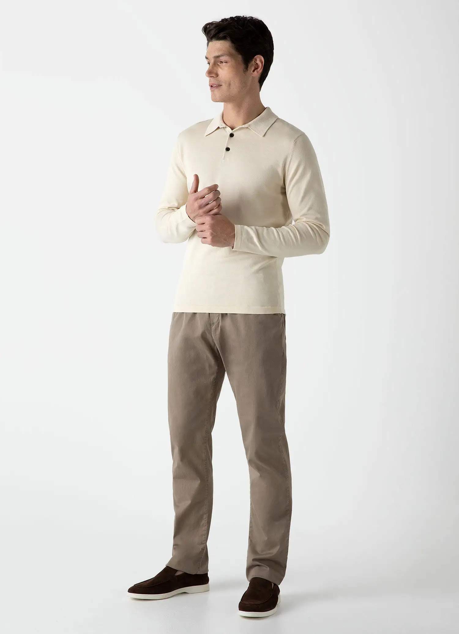 Men's Sea Island Cotton Long Sleeve Polo Shirt in Undyed