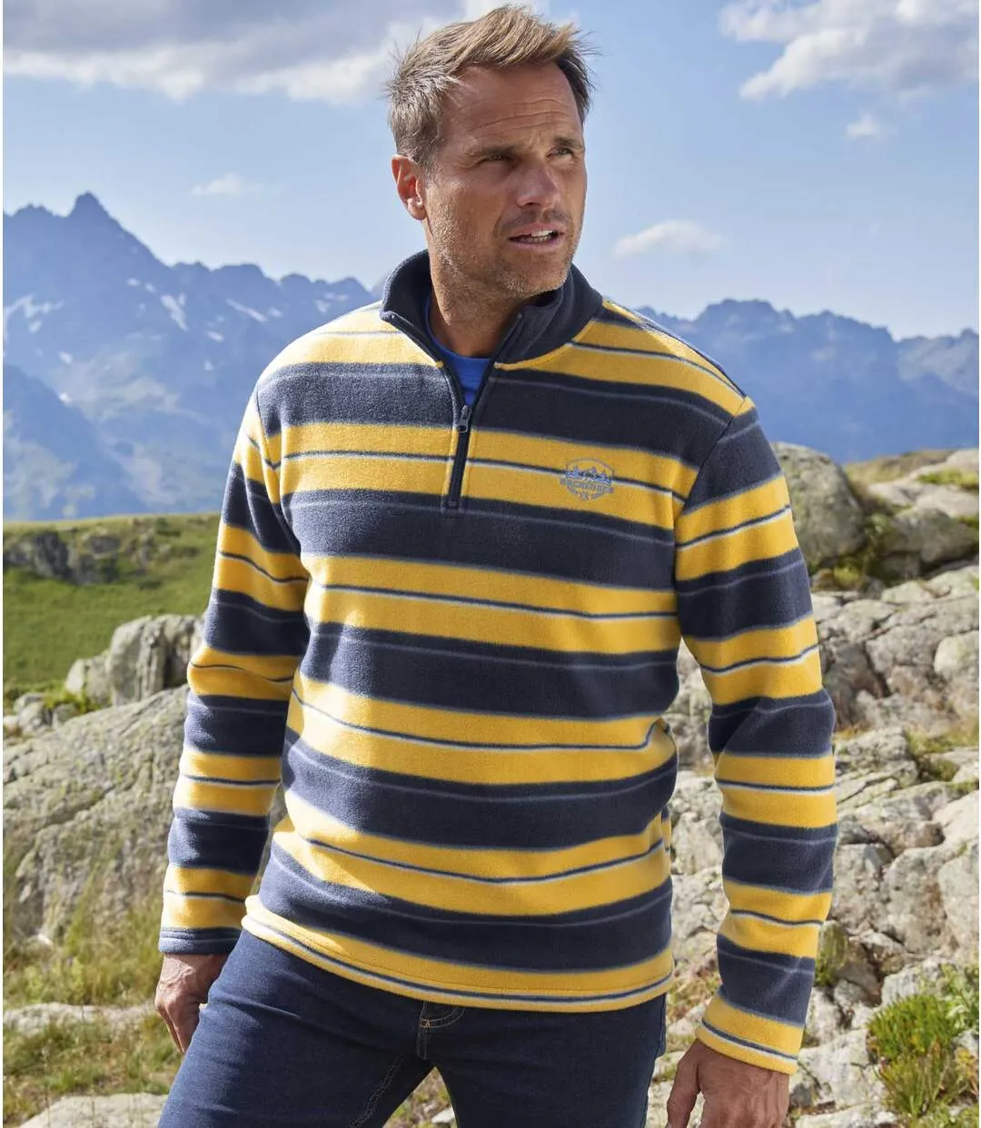 Men's Striped Microfleece Jumper - Navy Yellow Ecru 