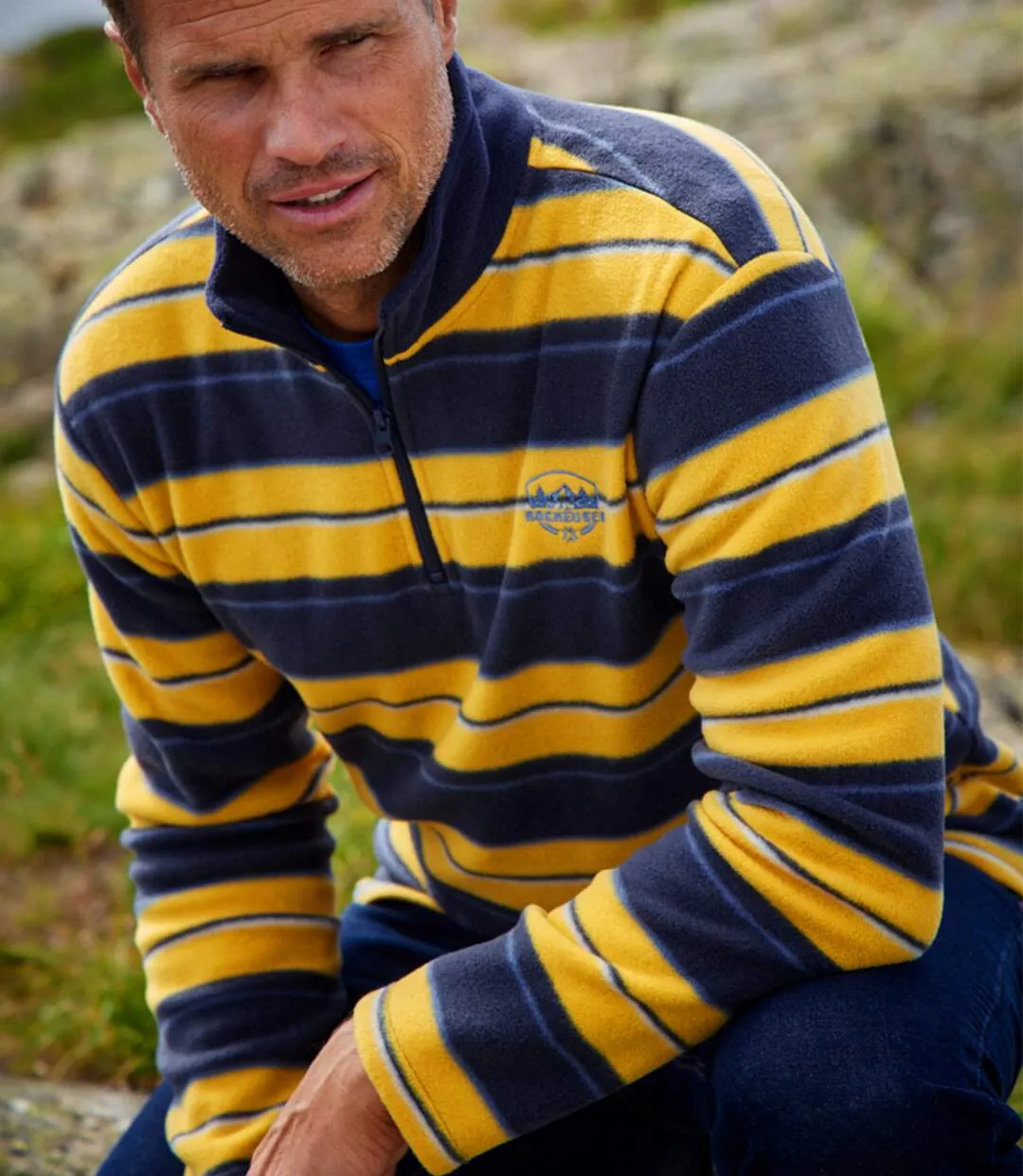 Men's Striped Microfleece Jumper - Navy Yellow Ecru 