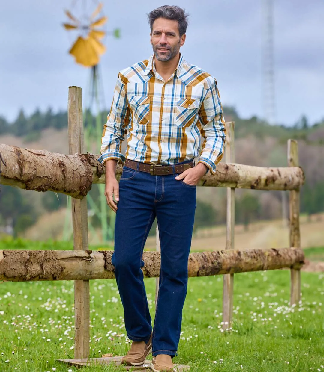 Men's Texas Checked Shirt - Ecru Yellow Blue