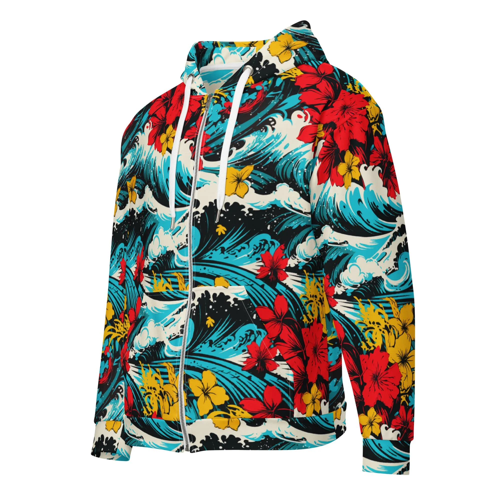 Mens Zip Hoodie - Waves and Flowers 001