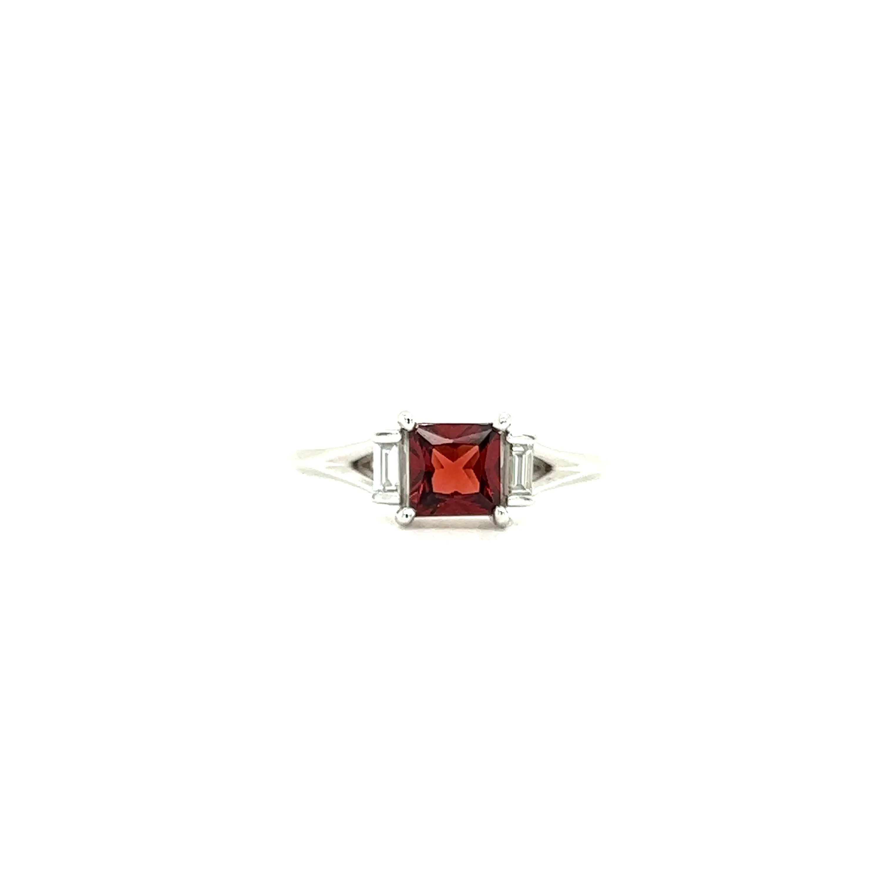 Mozambique Garnet Ring with Two Side Diamonds in 14K White Gold