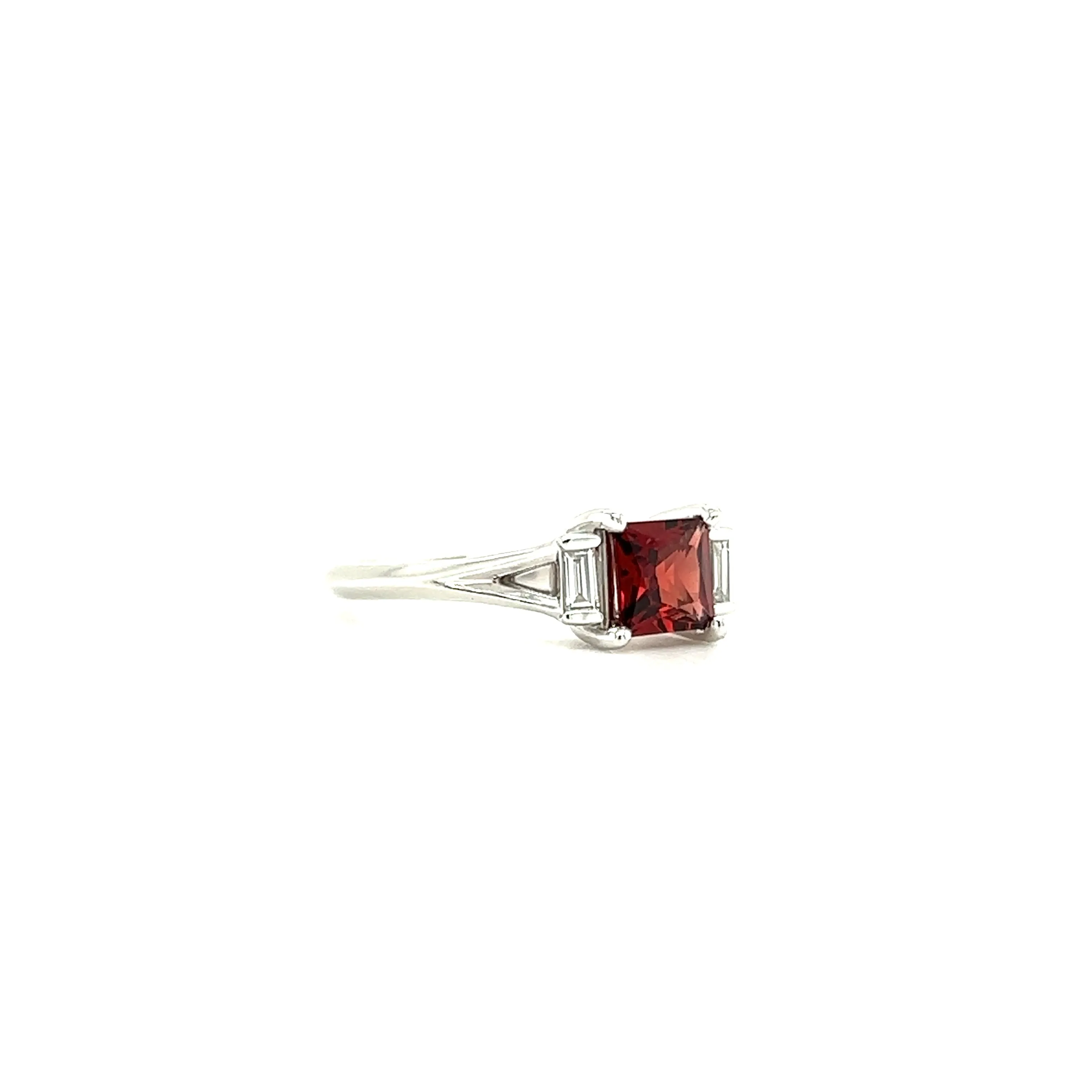 Mozambique Garnet Ring with Two Side Diamonds in 14K White Gold