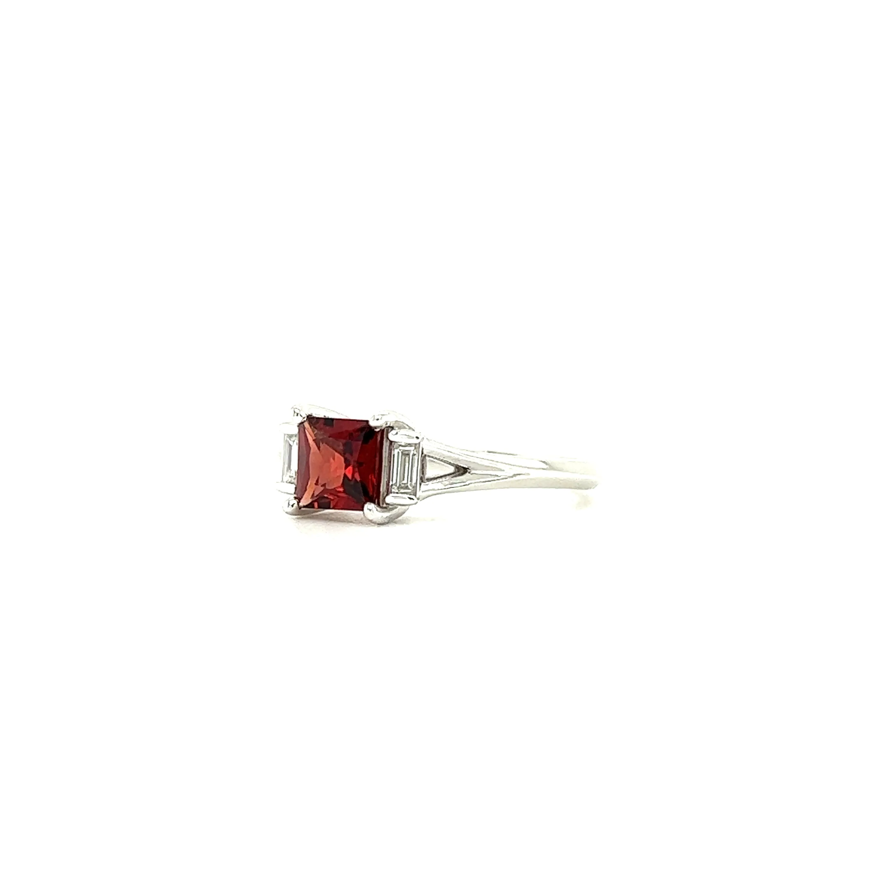 Mozambique Garnet Ring with Two Side Diamonds in 14K White Gold