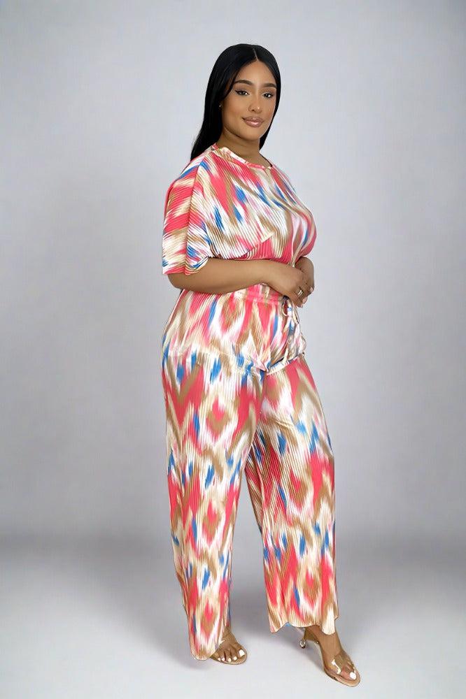 Multicolour Zig Zag Pattern Plisse Top And Trousers Set