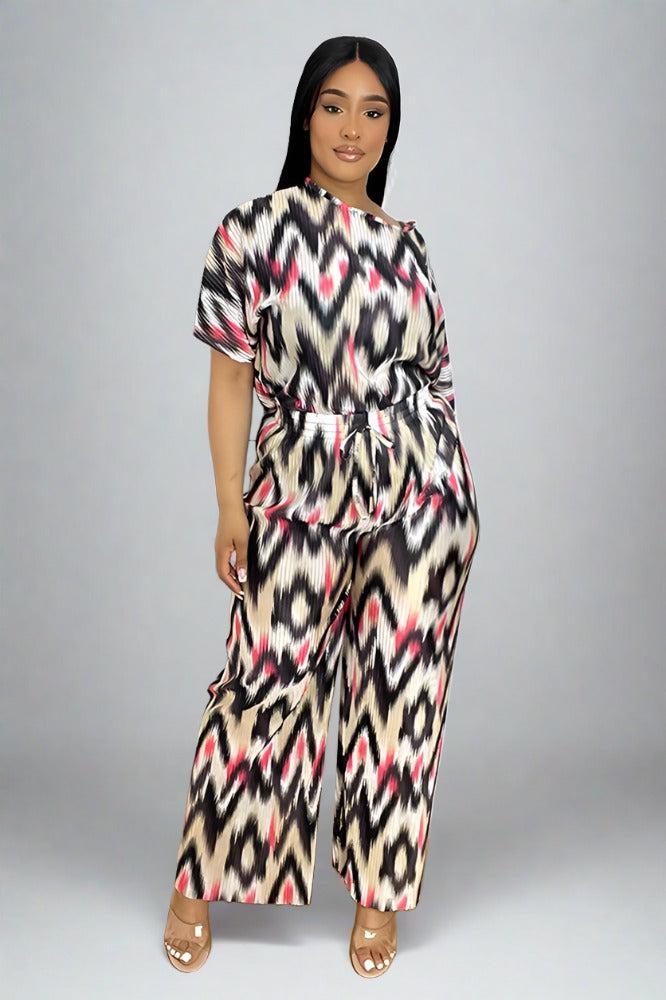 Multicolour Zig Zag Pattern Plisse Top And Trousers Set