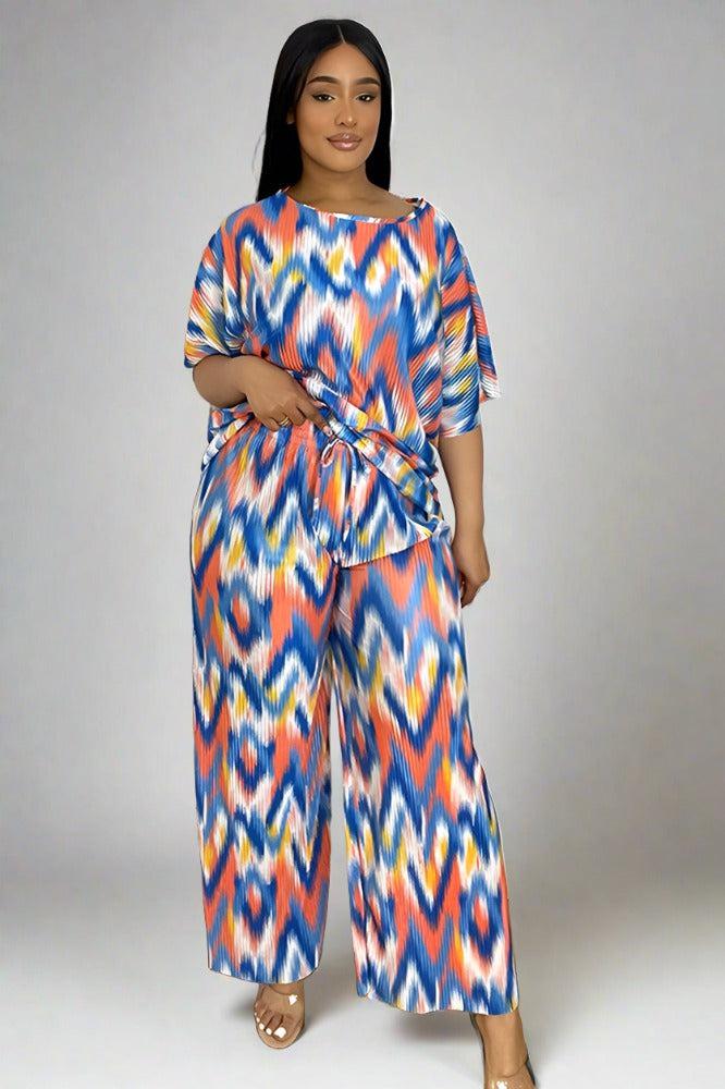 Multicolour Zig Zag Pattern Plisse Top And Trousers Set