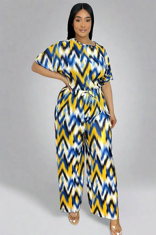 Multicolour Zig Zag Pattern Plisse Top And Trousers Set