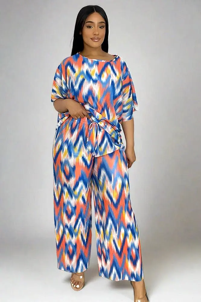 Multicolour Zig Zag Pattern Plisse Top And Trousers Set