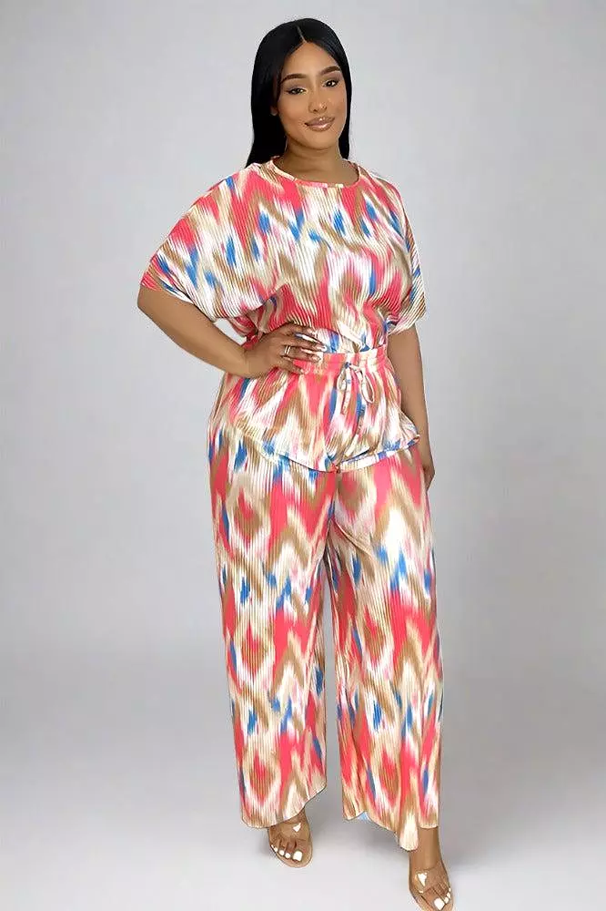 Multicolour Zig Zag Pattern Plisse Top And Trousers Set