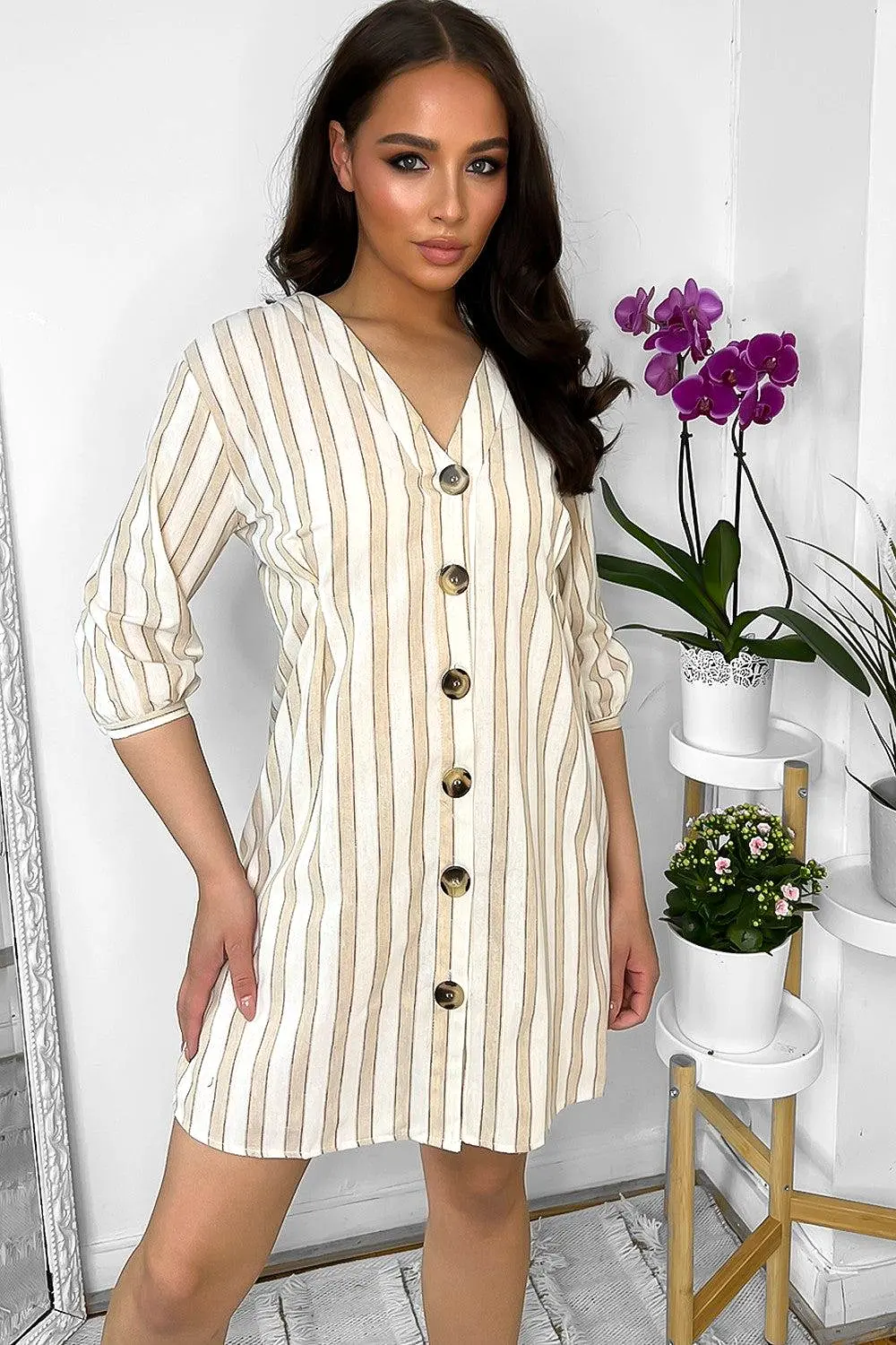 Natural Stripe V-Neck Cotton Blend Dress