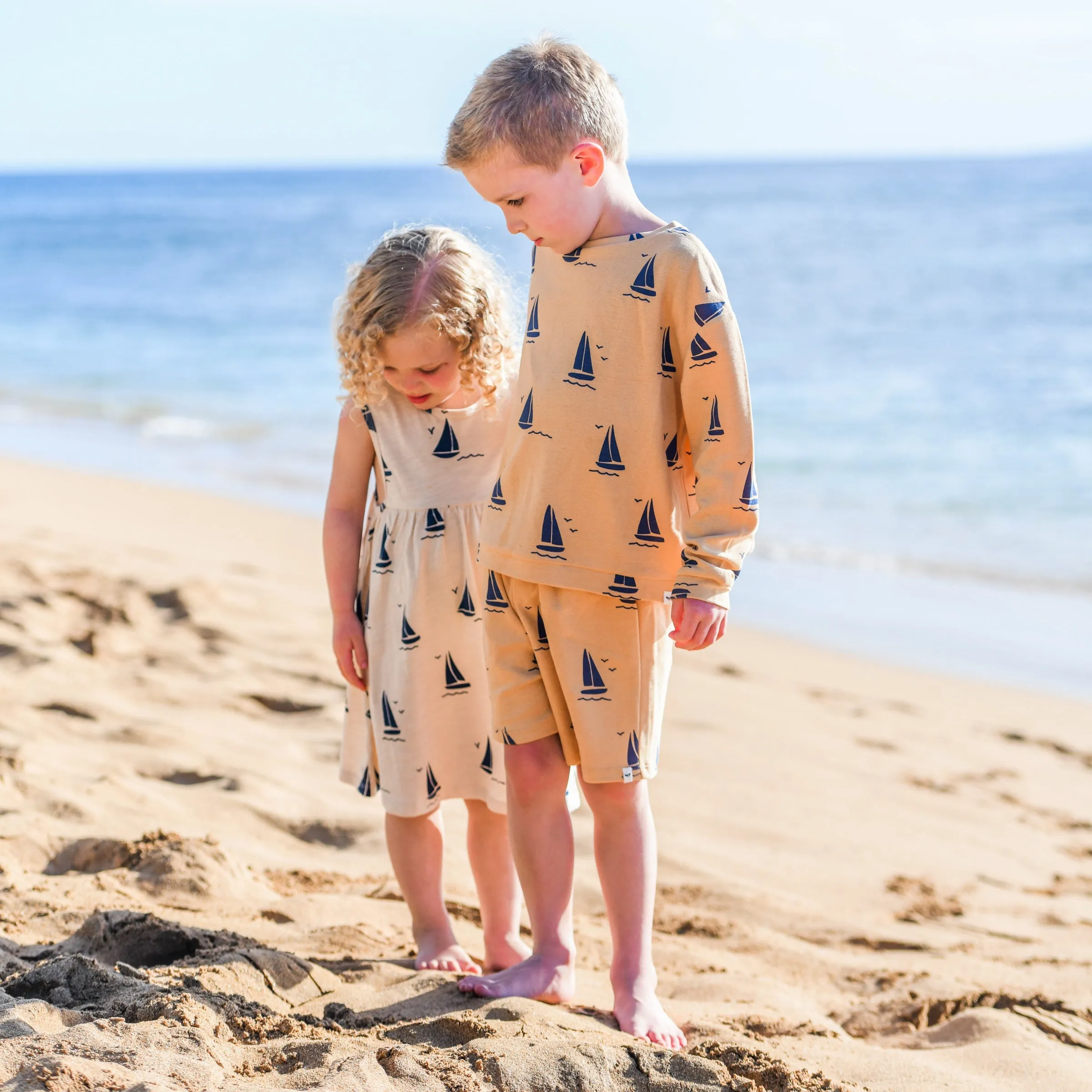 oh baby! Cotton Terry Boys Track Shorts - Sailboat Print - Oatmilk