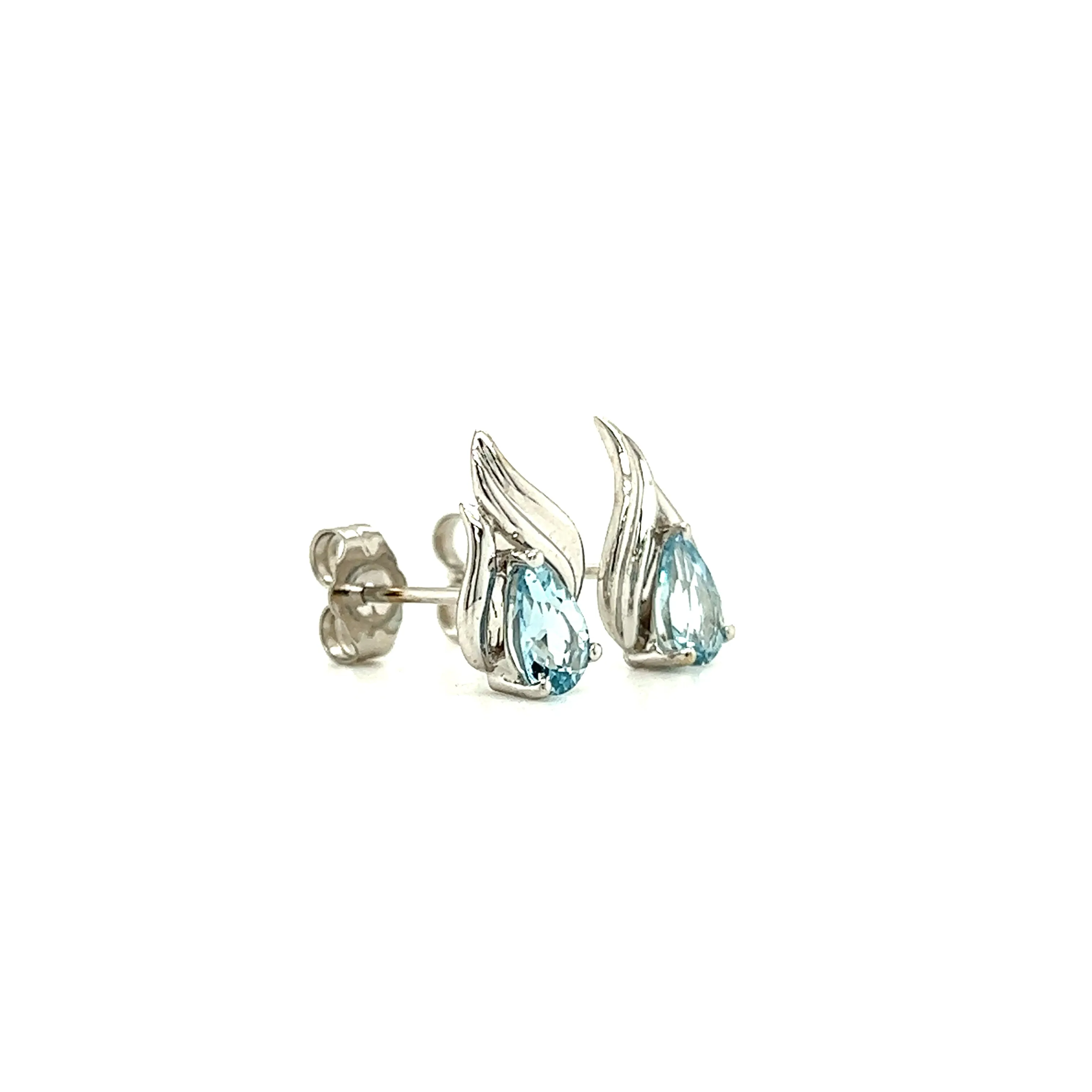 Pear Aquamarine Stud with Flame Motifs Earrings in 14K White Gold