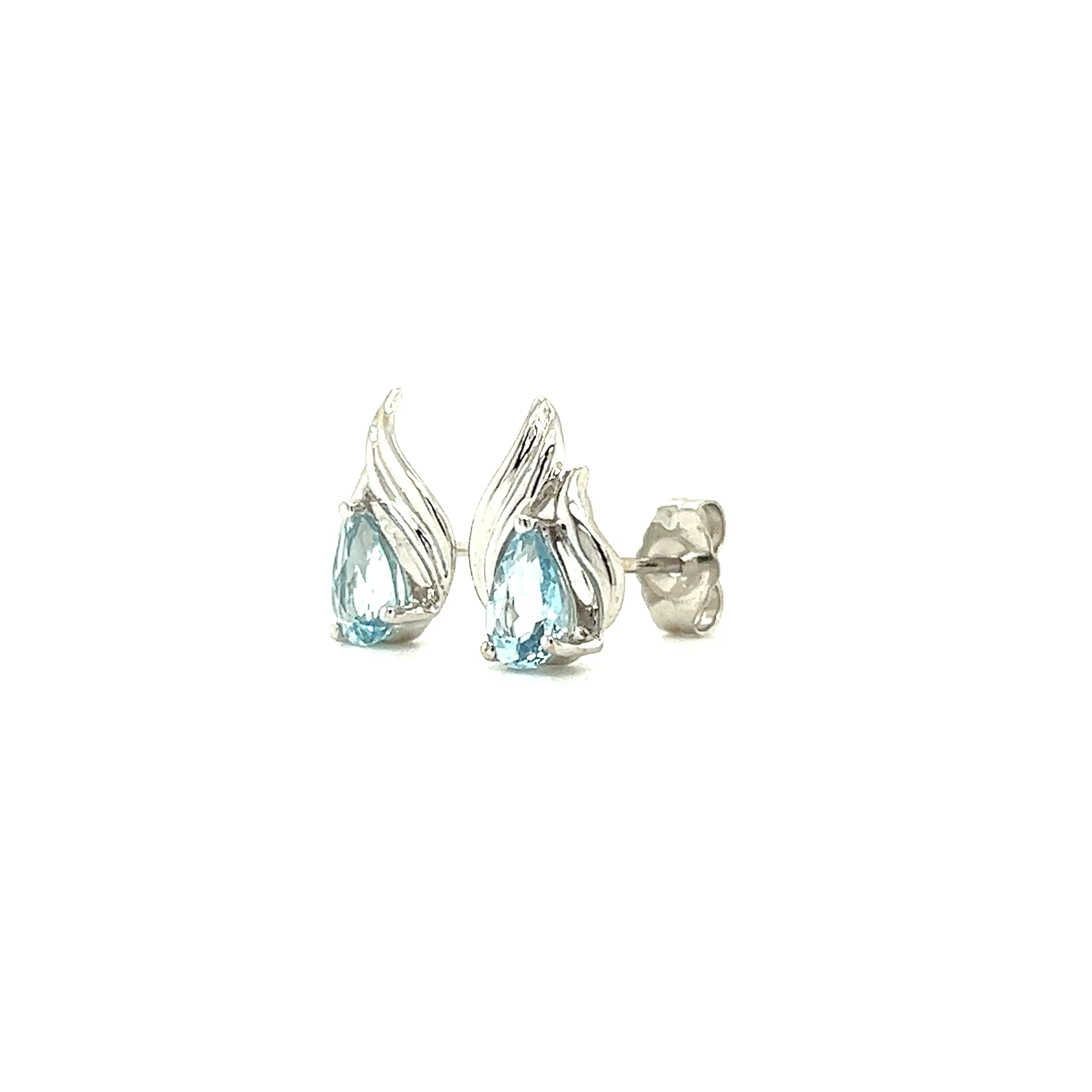 Pear Aquamarine Stud with Flame Motifs Earrings in 14K White Gold