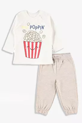 Popcorn Print Cream Baby Girl Lounge Set