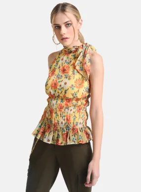 Printed Smoked Tie Knot Detail Top