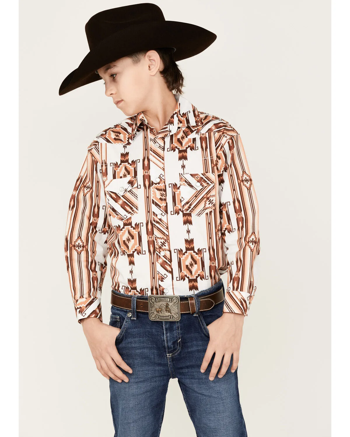 Product Name:  Rock & Roll Denim Boys' Southwestern Print Long Sleeve Pearl Snap Stretch Western Shirt