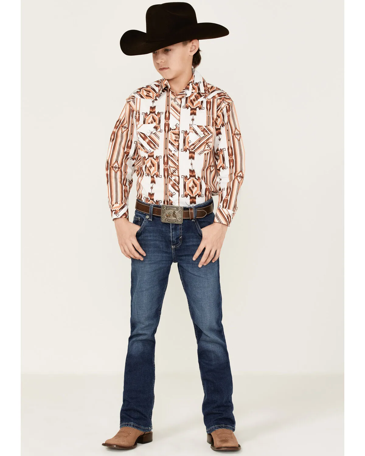 Product Name:  Rock & Roll Denim Boys' Southwestern Print Long Sleeve Pearl Snap Stretch Western Shirt