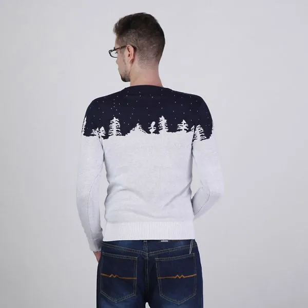 Round Collar Pullover Sweater for Men with Winter Pattern Snow Trees