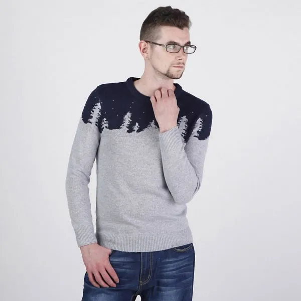 Round Collar Pullover Sweater for Men with Winter Pattern Snow Trees