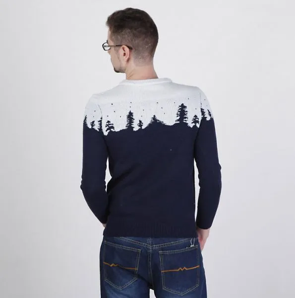 Round Collar Pullover Sweater for Men with Winter Pattern Snow Trees