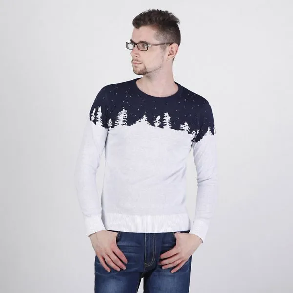 Round Collar Pullover Sweater for Men with Winter Pattern Snow Trees