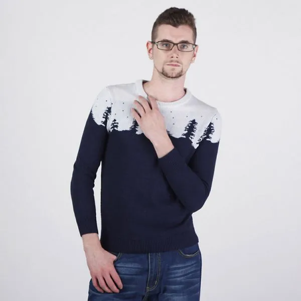 Round Collar Pullover Sweater for Men with Winter Pattern Snow Trees