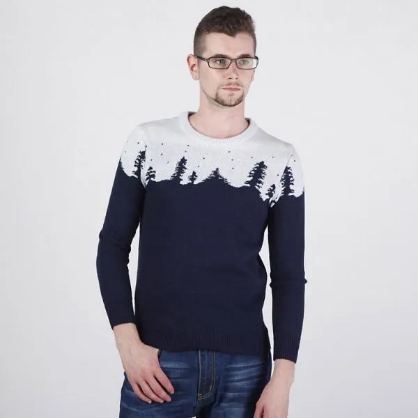 Round Collar Pullover Sweater for Men with Winter Pattern Snow Trees