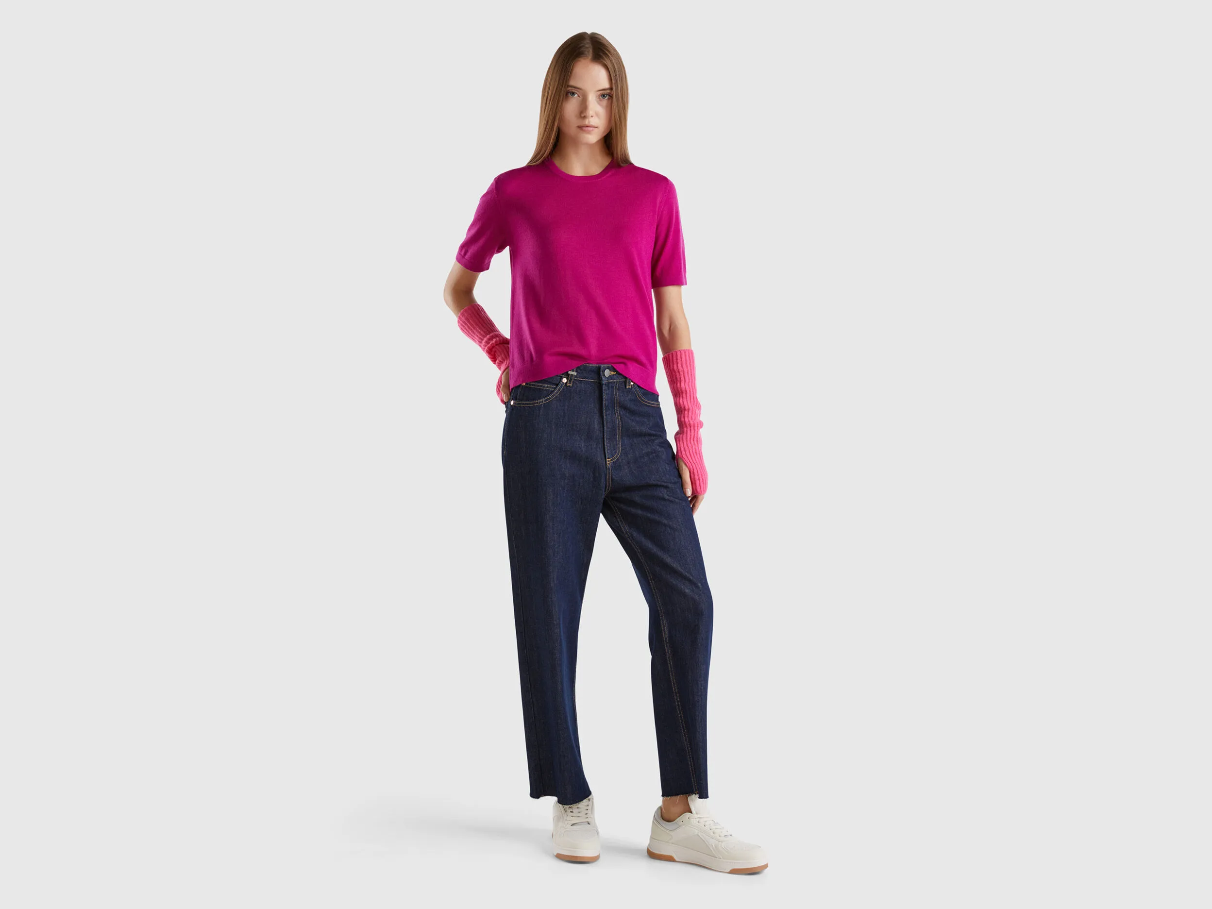 Short sleeve sweater in pure Merino wool - Cyclamen | Benetton