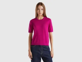 Short sleeve sweater in pure Merino wool - Cyclamen | Benetton