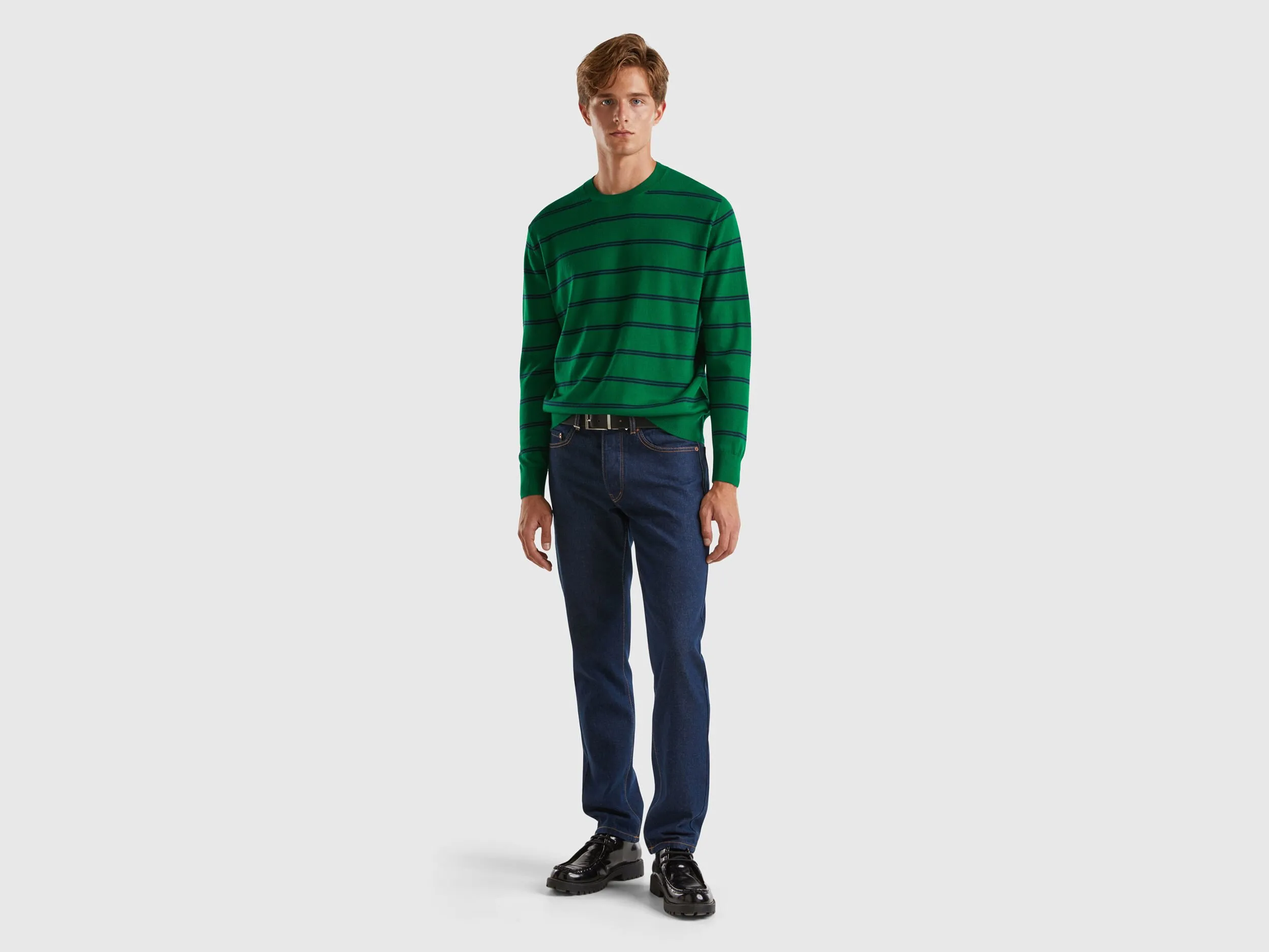 Striped sweater in pure Merino wool - Green | Benetton