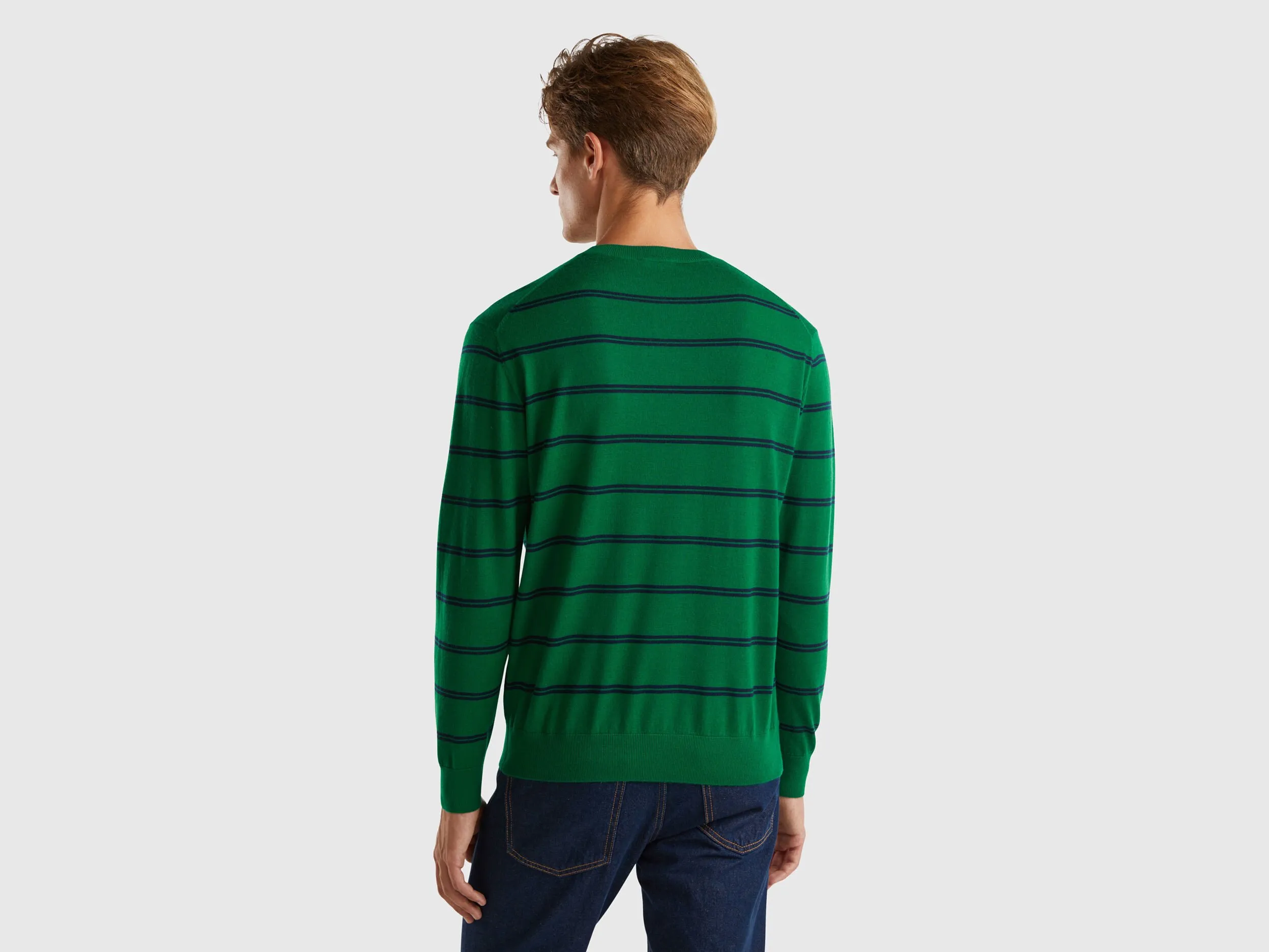 Striped sweater in pure Merino wool - Green | Benetton