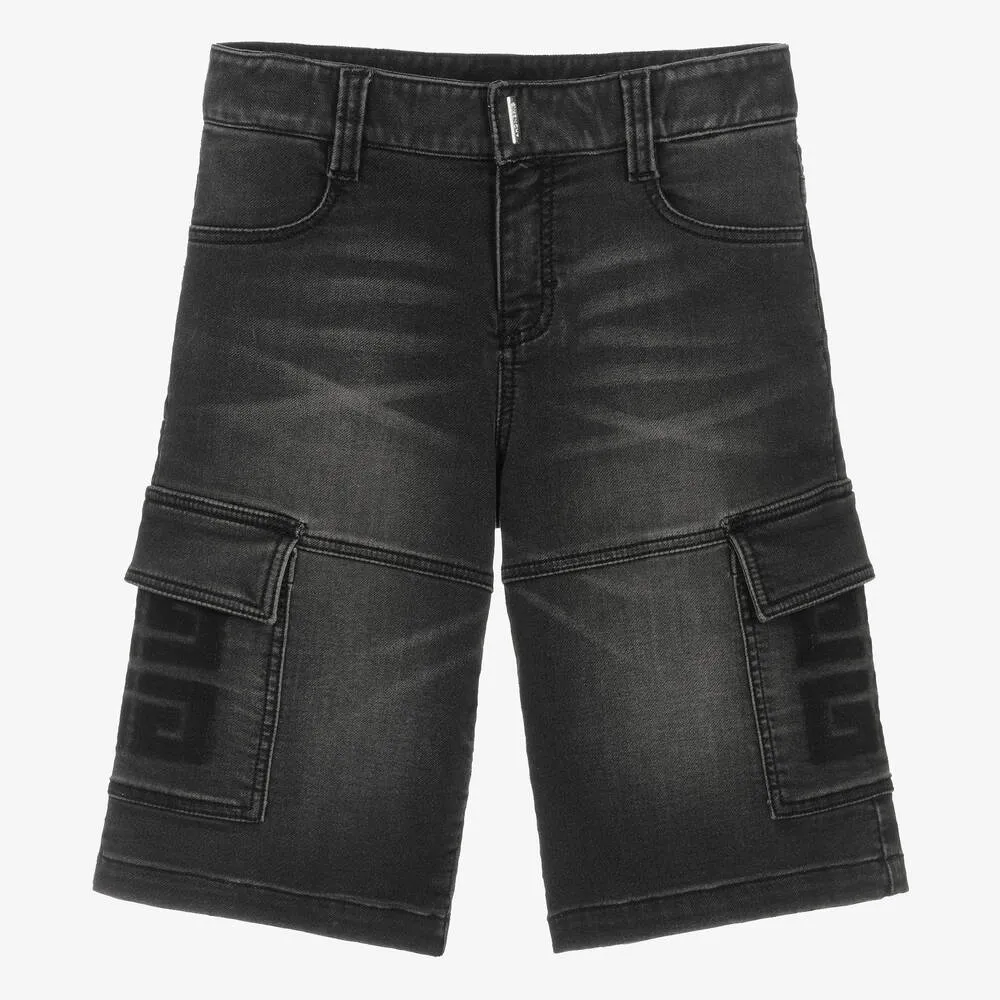 Teen Boys Black Cotton Denim-Look Shorts