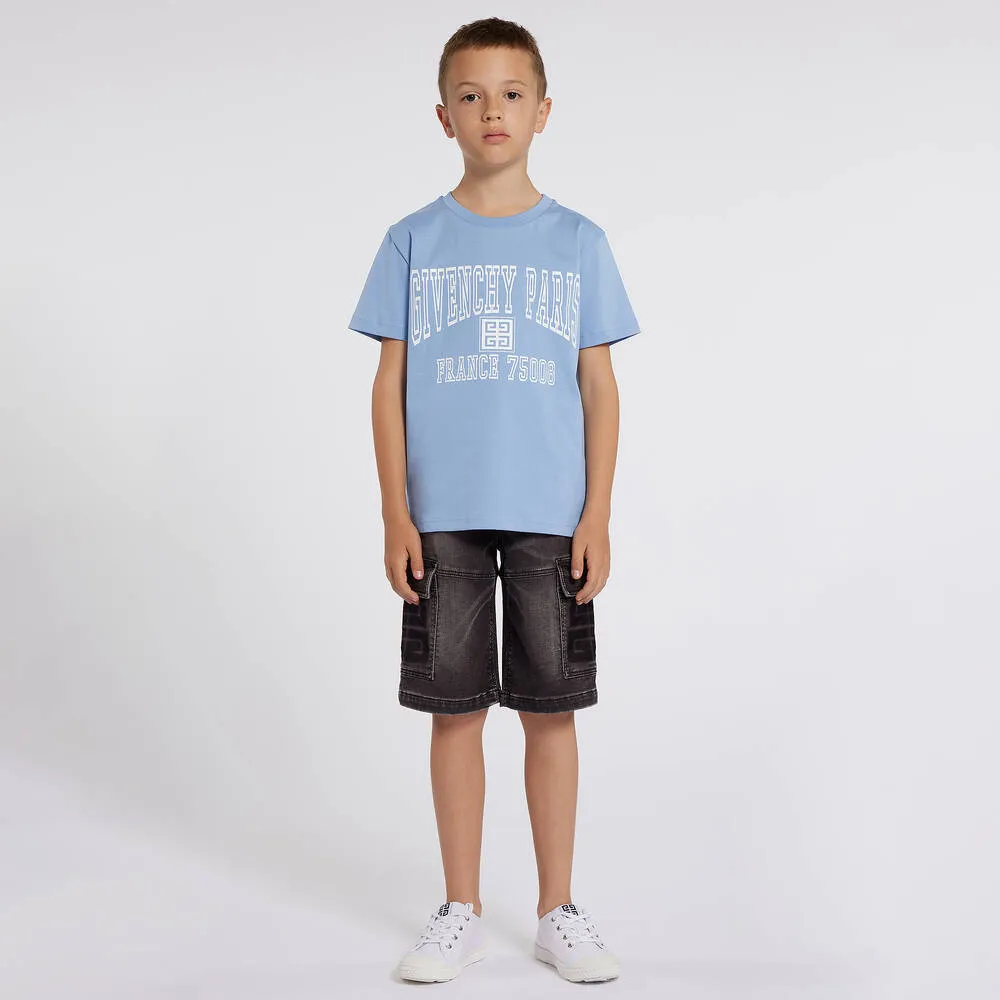 Teen Boys Black Cotton Denim-Look Shorts