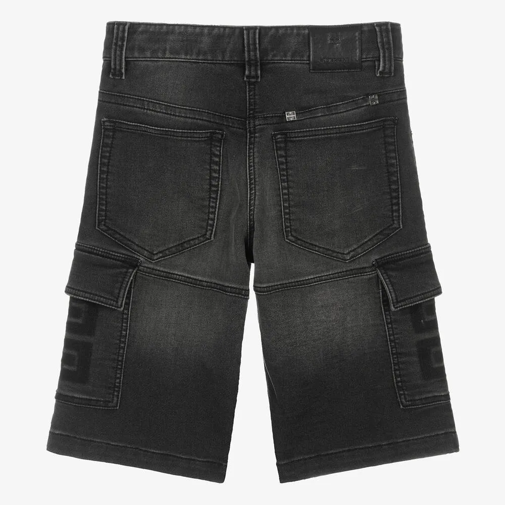 Teen Boys Black Cotton Denim-Look Shorts