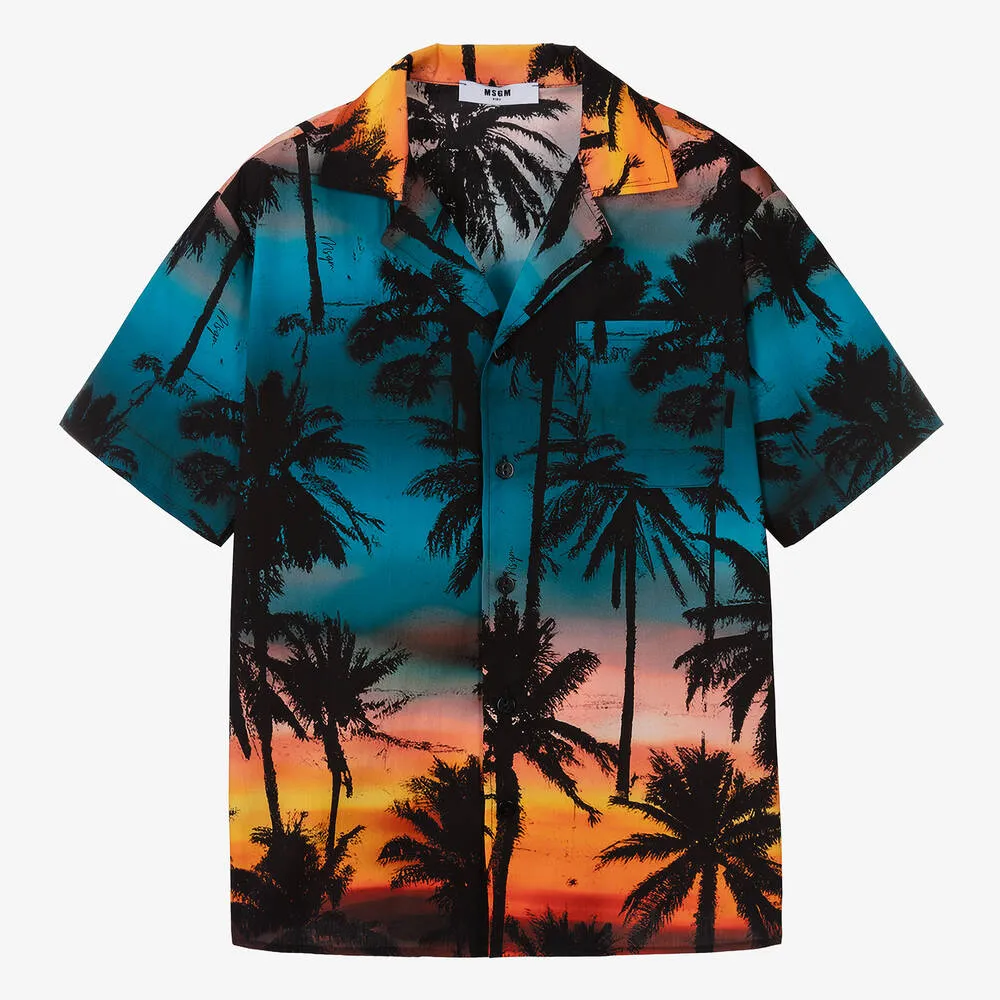 Teen Boys Blue Cotton Palm Tree Shirt