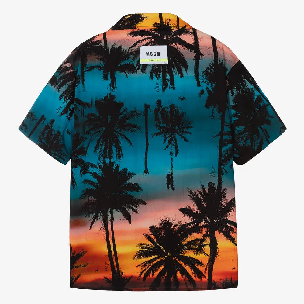 Teen Boys Blue Cotton Palm Tree Shirt