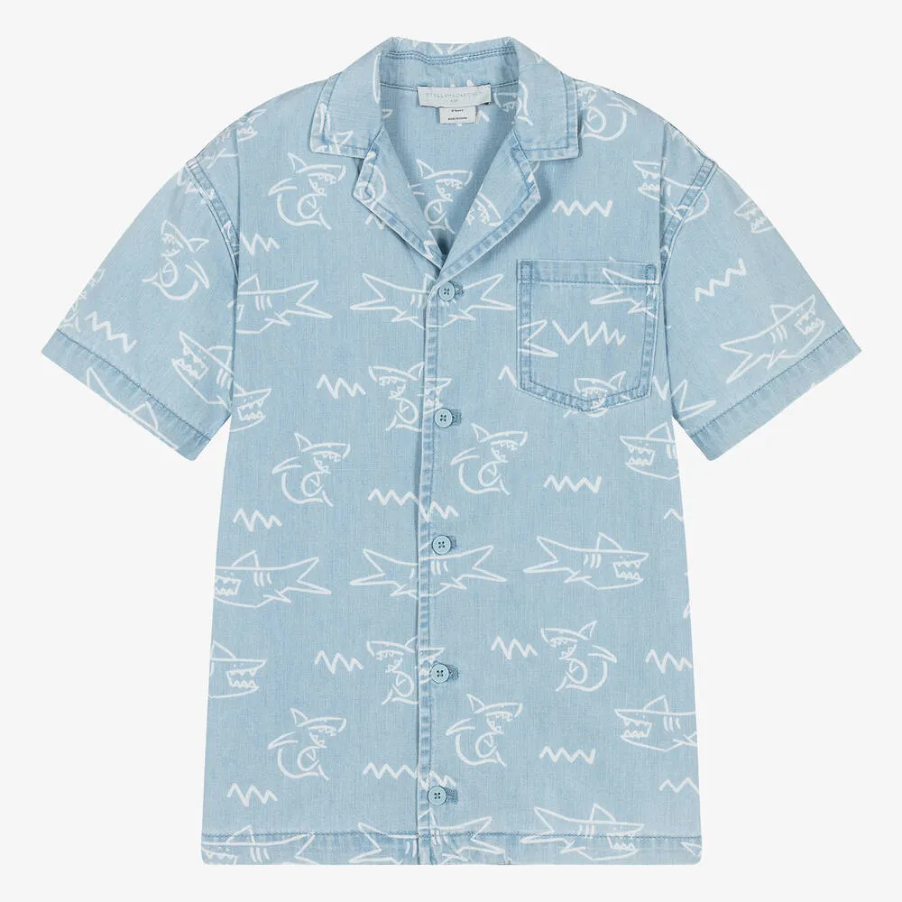 Teen Boys Light Blue Denim Shark Shirt