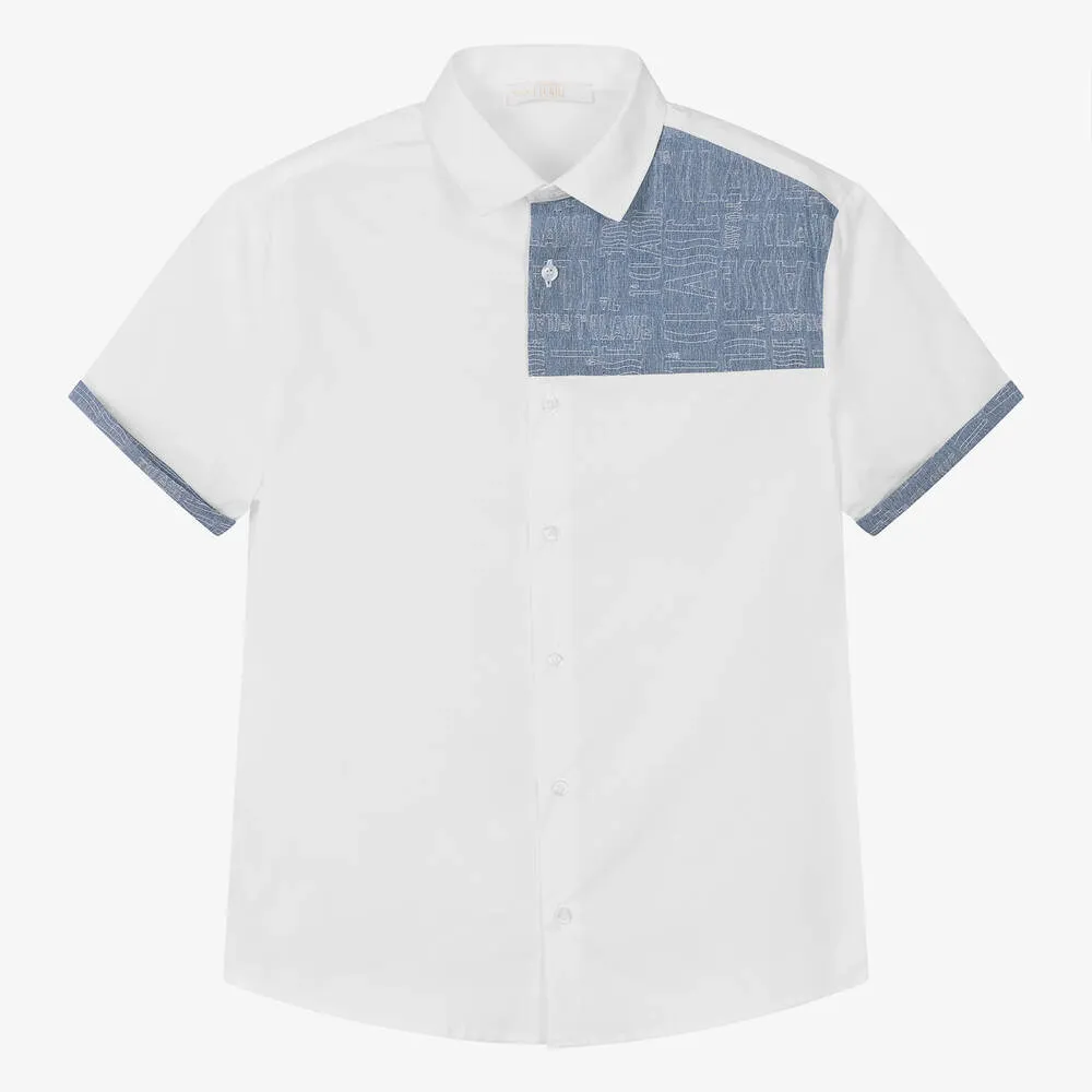 Teen Boys White Cotton & Denim Shirt